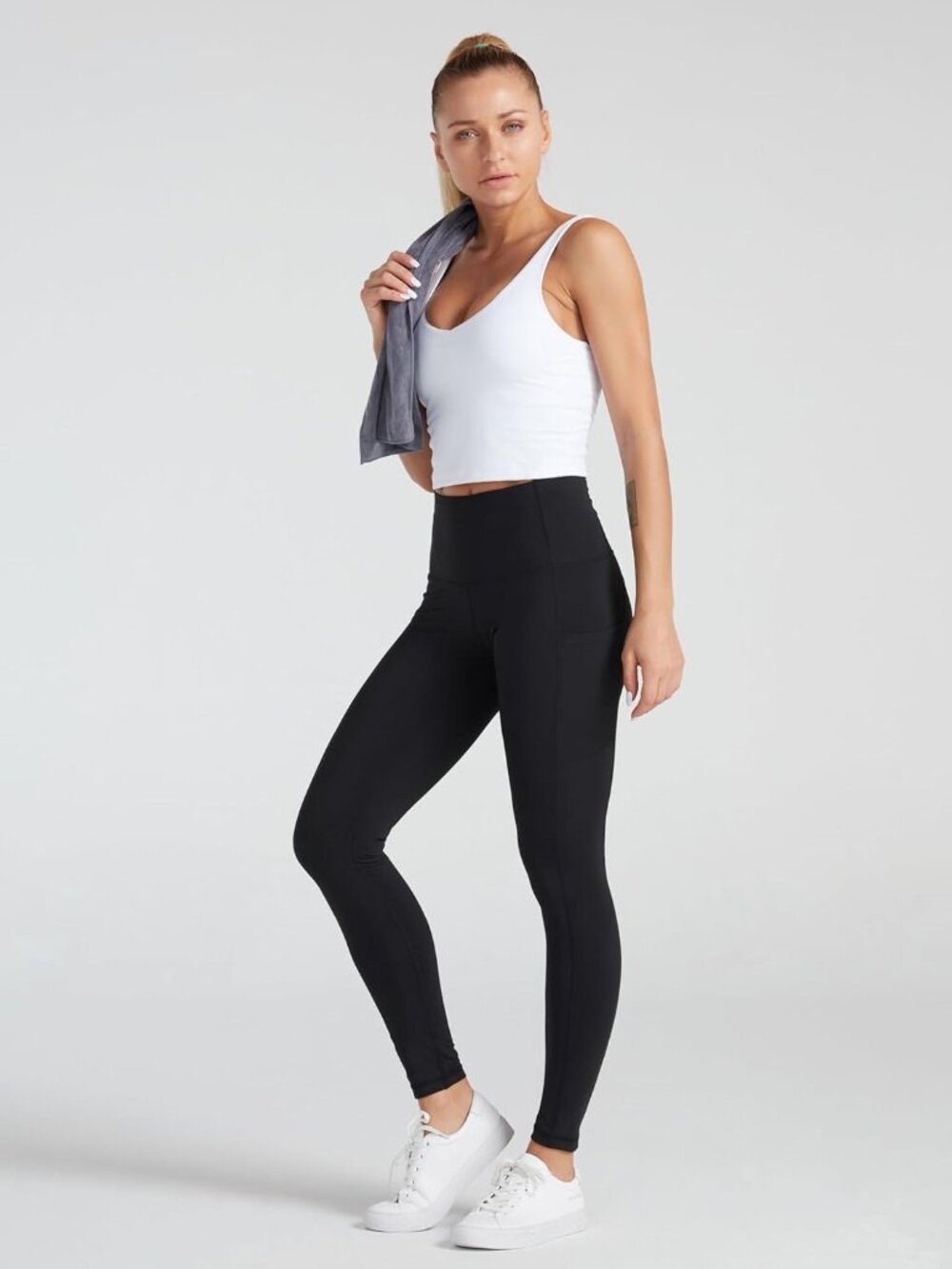 Women's Black High Waist Soft Tummy Control Athletic Workout Yoga Leggings - Picture 3 of 6